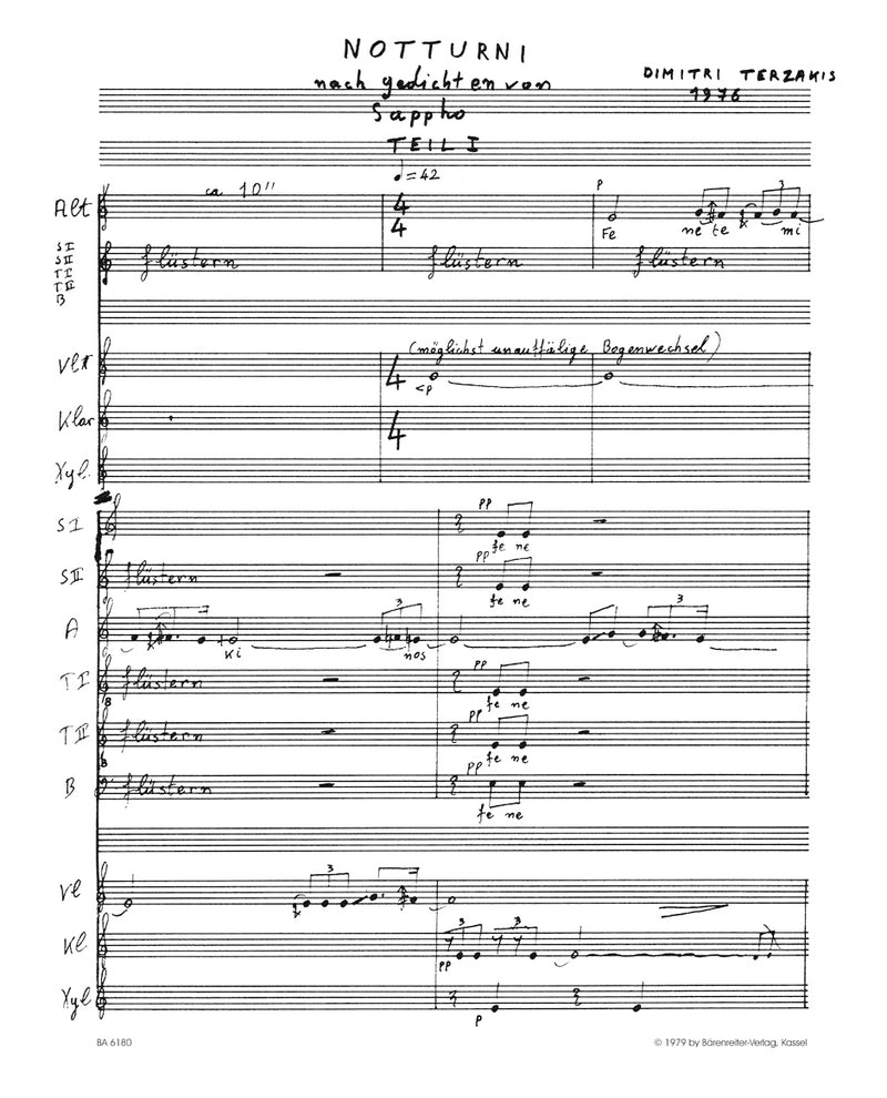 Notturni für six Singstimmen, Violine, Klarinette und Schlaginstrumente (1976) [score]