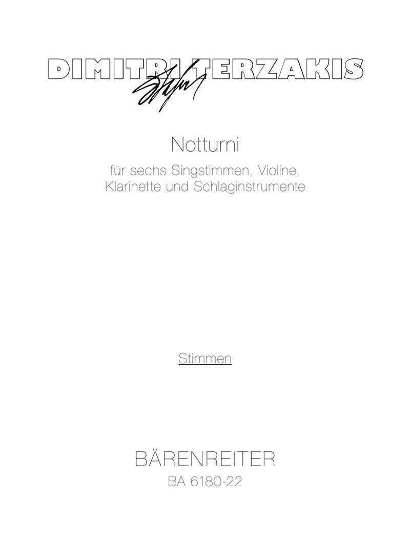 Notturni für six Singstimmen, Violine, Klarinette und Schlaginstrumente (1976) [set of parts]