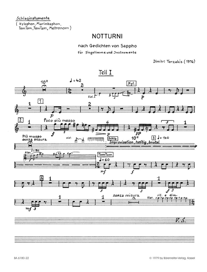 Notturni für six Singstimmen, Violine, Klarinette und Schlaginstrumente (1976) [set of parts]