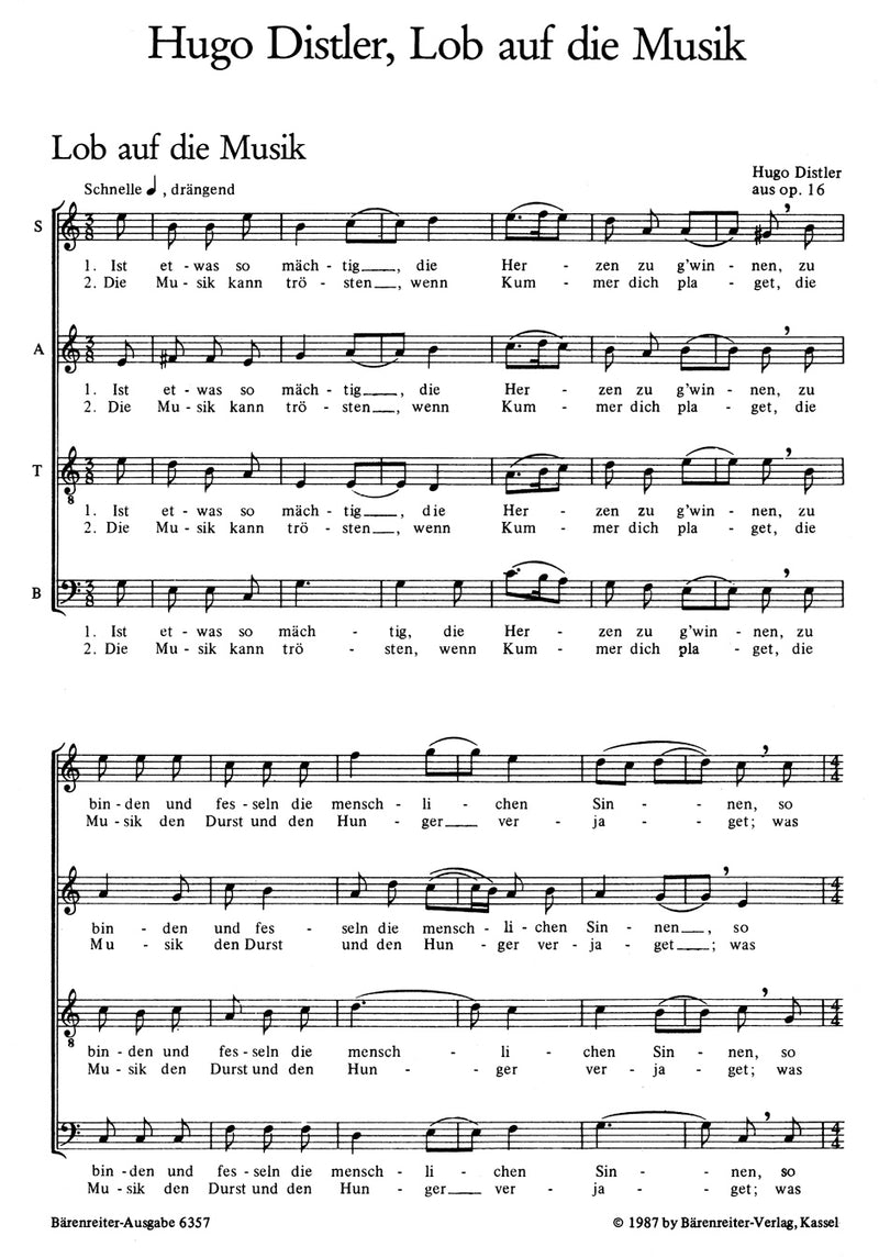 Lob auf die Musik für vier- to sechsstimmigen Chor -fünf Sätze- (aus "Neues Chorliederbuch" op. 16 (1936))