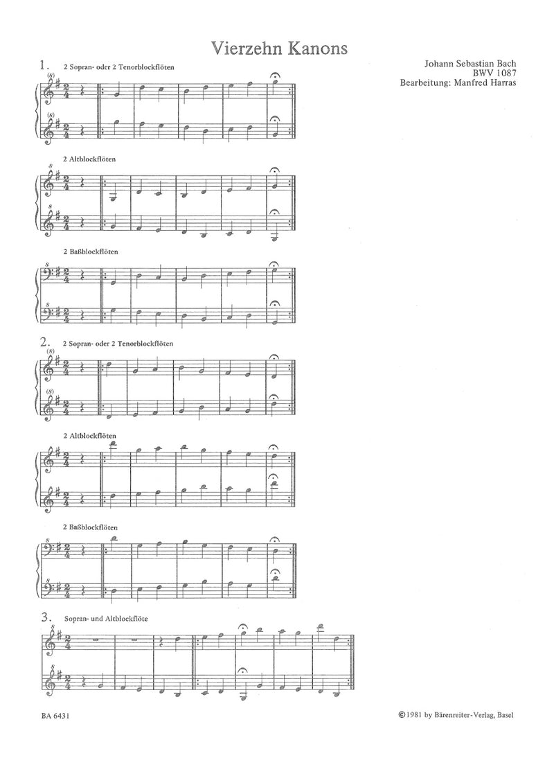 14 Canons on the First Eight Notes of the Aria from the "Goldberg-Variations" (arr. for 2-6 recorders) [score & parts], BWV 1087,1076,1077