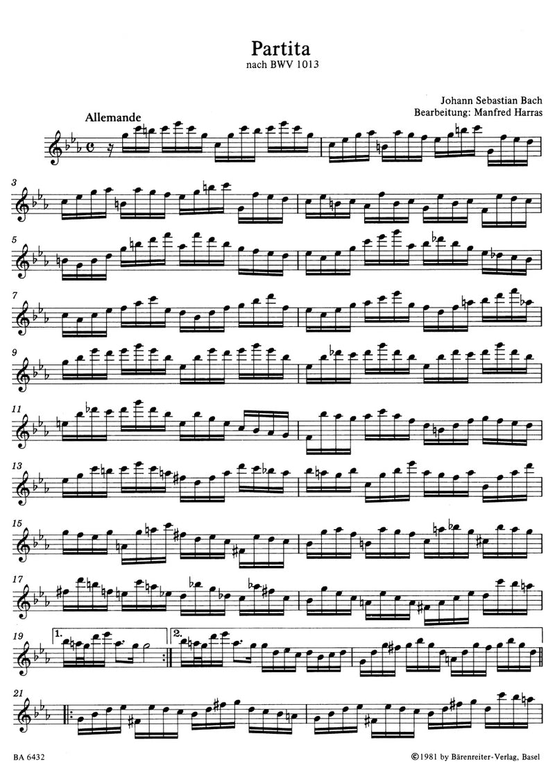 Partita for Solo Treble Recorder C minor (original key A minor) BWV 1013 (after the Partita für Flauto traverso solo)