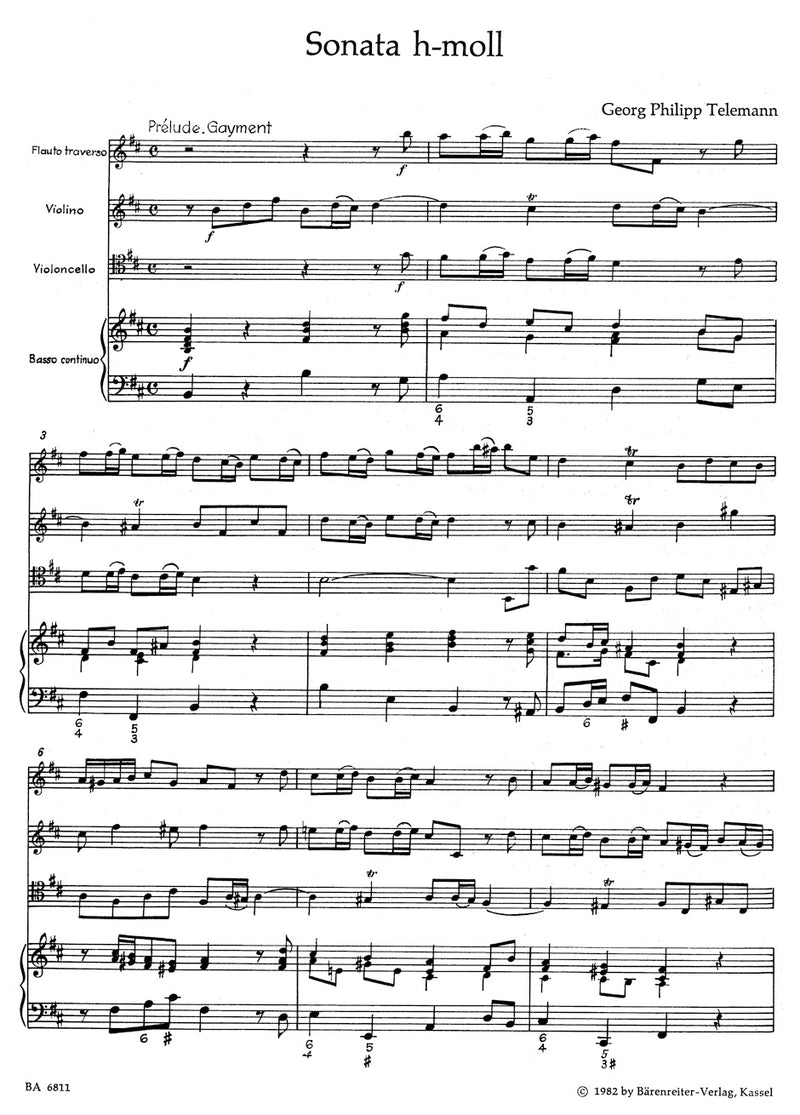 Sonata for Flute, Violin, Violoncello (Viola da gamba) and Basso Continuo B minor TWV 43:h1 [score, part(s)]