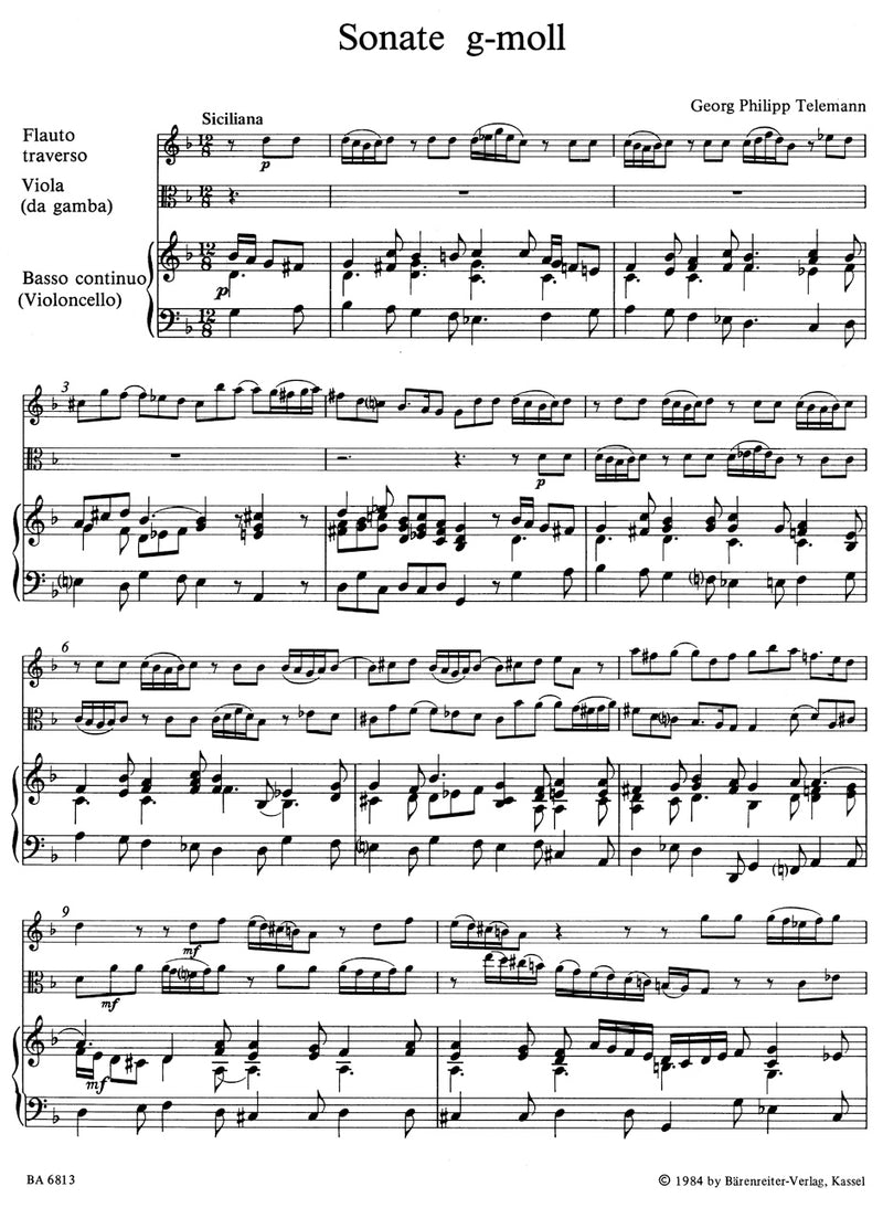 Sonata for Flute, Viola (Viola da Gamba) and Basso Continuo G minor TWV 42:g7 [score, part(s)]
