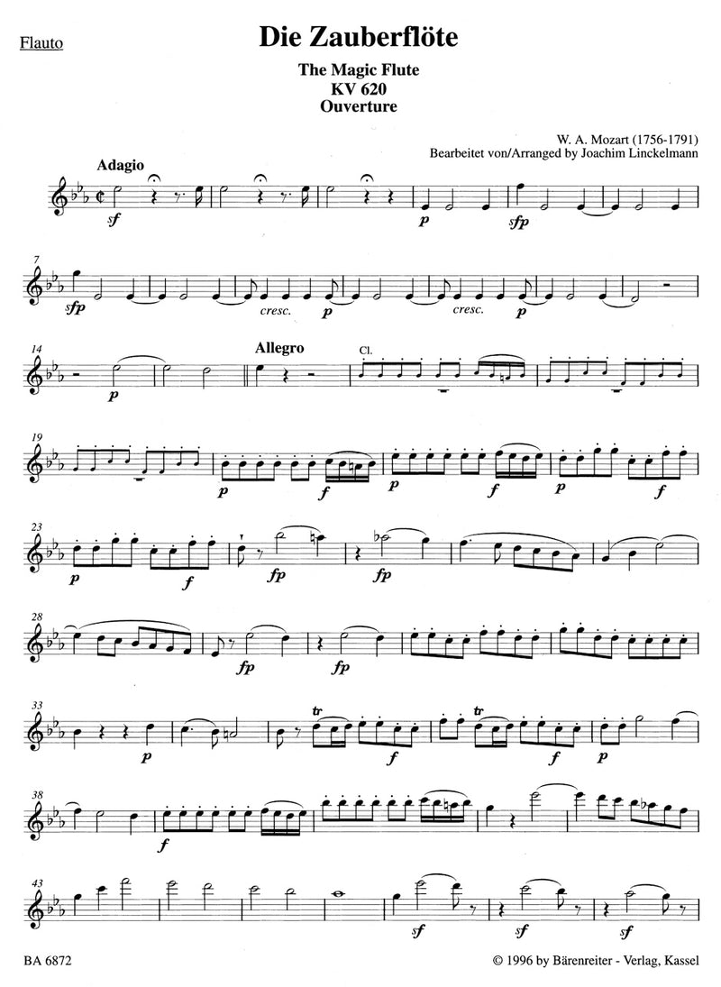 Die Zauberflöte, K. 620 (Overture), arranged for woodwind quintet [set of parts]
