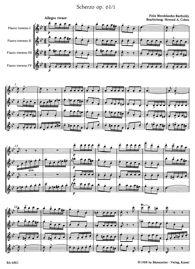 Scherzo from the incidental music to "A Midsummer Night's Dream" op. 61/1 (arranged for four flutes)