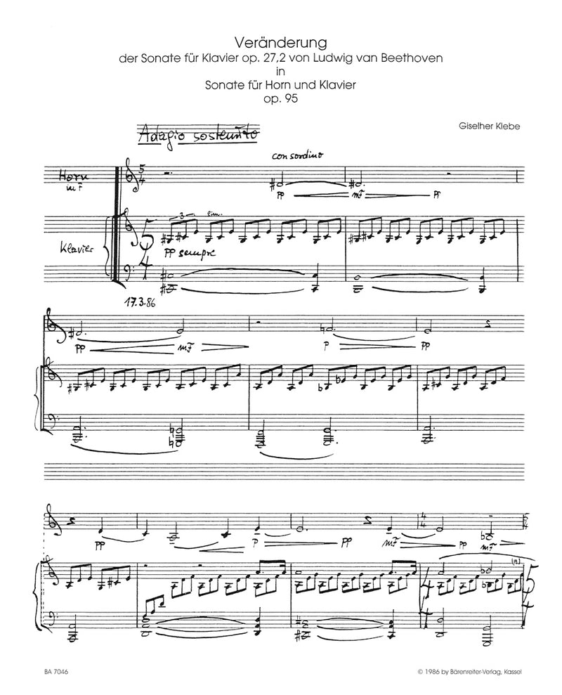 Veränderung der Sonate für Klavier op. 27/2 von Ludwig van Beethoven in eine Sonate für Horn und Klavier op. 95 (1985/1986)