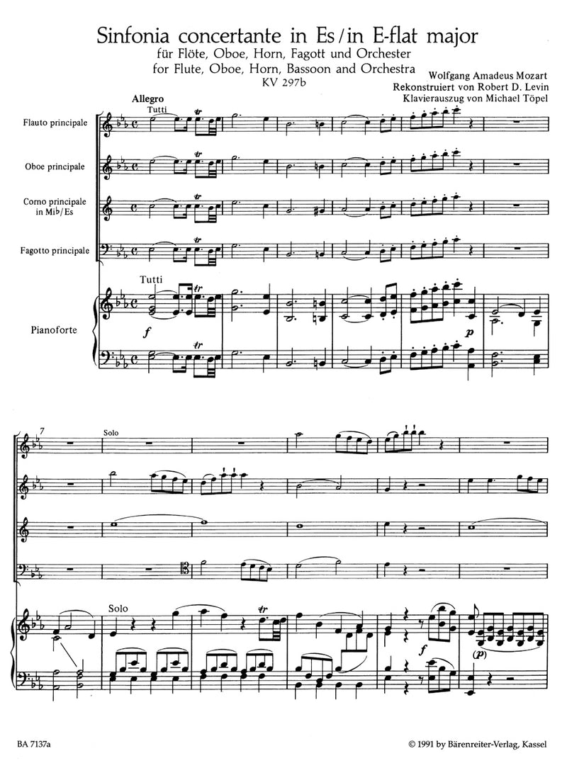 Sinfonia Concertante für 4 Blasinstruments and Orchestra E-flat major K. Anh I/9(297b)（ピアノ・リダクション）