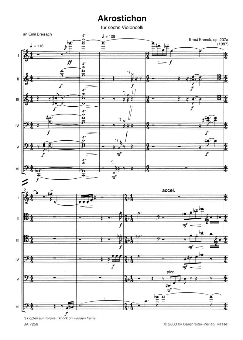 Akrostichon für sechs Violoncelli op. 237a [score]