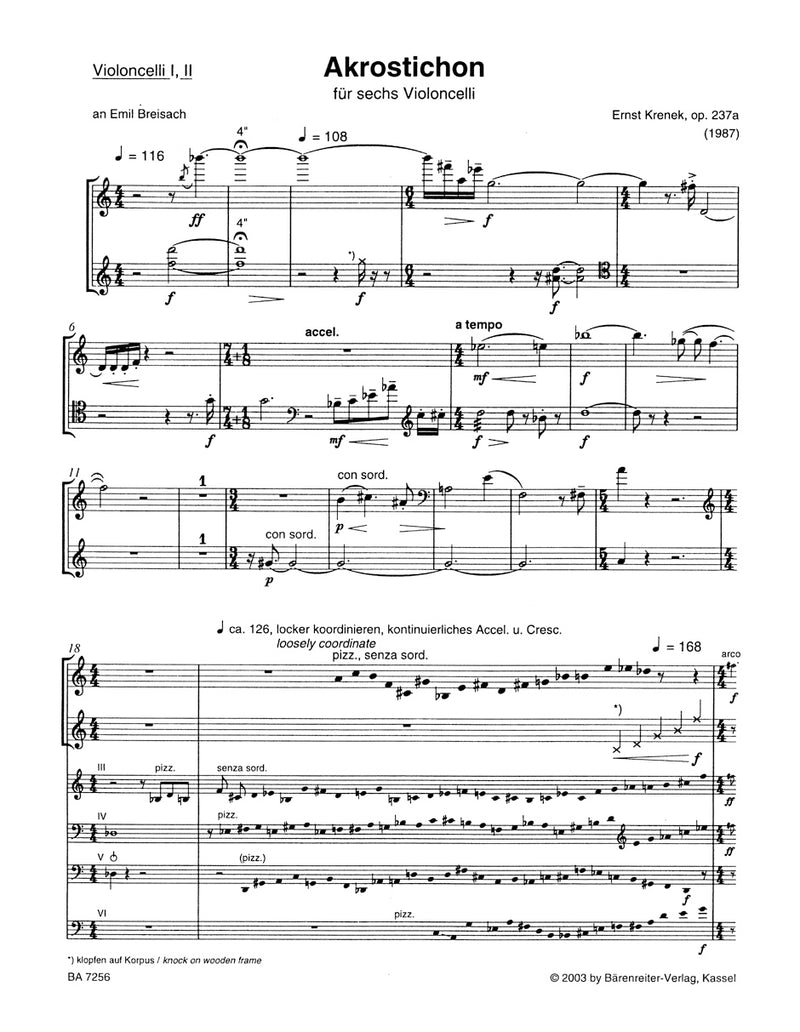 Akrostichon für sechs Violoncelli op. 237a [set of parts]