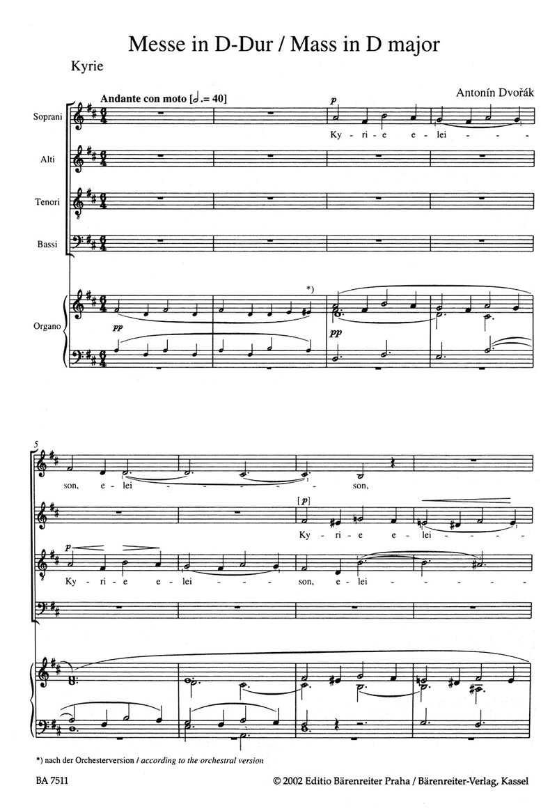 Mass D major op. 86 (Arranged for Soloists, Choir and Organ) [organ reduction]