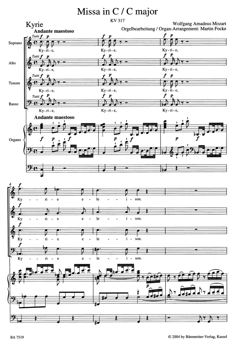 Missa C major K. 317 "Krönungsmesse = Coronation Mass" (Arr. Soloists, Choir and Organ) [organ reduction]