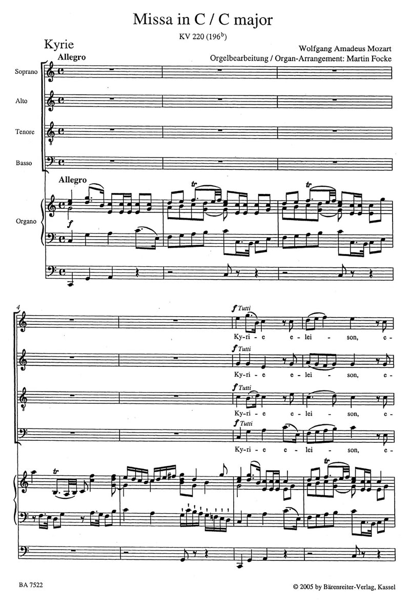 Missa C major K. 220 (196b) "Sparrow Mass" (Arranged for Soloists, Choir and Organ) [organ reduction]