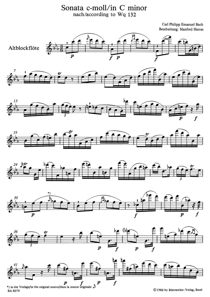 Sonate für Altblockflöte solo c-Moll Wq 132 -Original: Solosonate für Flauto traverso-