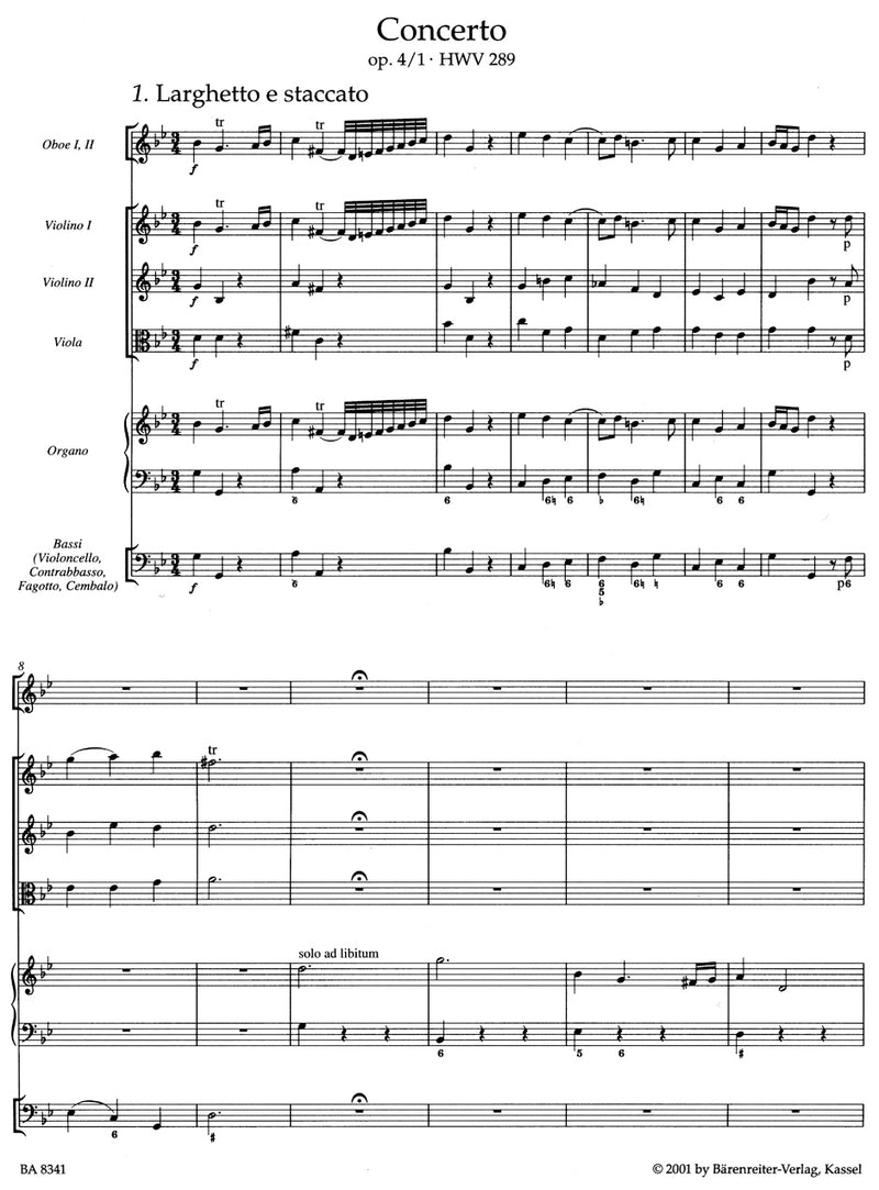 Organ Concertos Nr. 1-6 op. 4 HWV 289-294 (Set containing BA 8341-8346) [score]