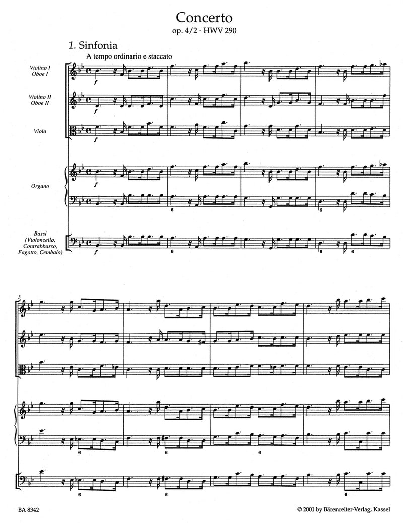 Concerto for organ and orchestra B-flat Major op. 4/2 HWV 290 [full score]