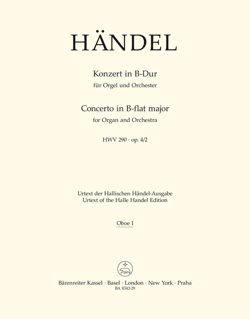 Concerto for organ and orchestra B-flat Major op. 4/2 HWV 290 [Oboe 1 part]