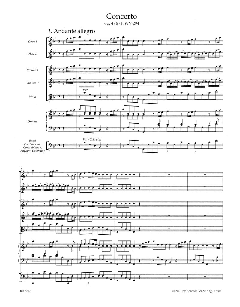 Concerto for organ and orchestra B-flat Major op. 4/6 HWV 294 [full score]