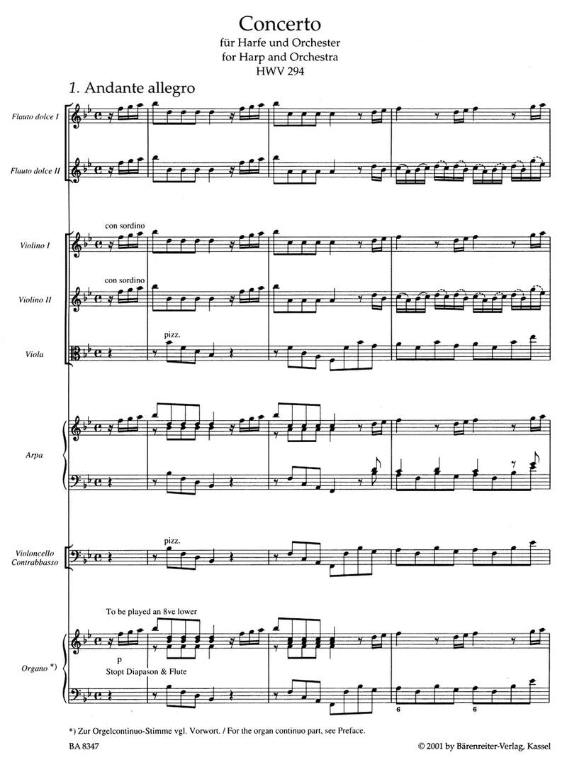 Concerto for Harp and Orchestra B-flat Major op. 4/6 HWV 294 [score]