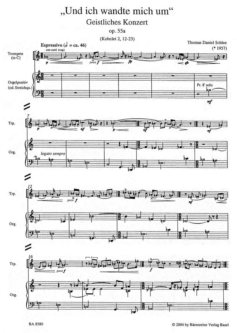 "Und ich wandte mich um" für Bariton, Trompete (C) und Orgelpositiv (oder String Quartet). (5. Satz aus dem Oratorium "und ich sah") op. 55a (2002) -Geistliches Konzert