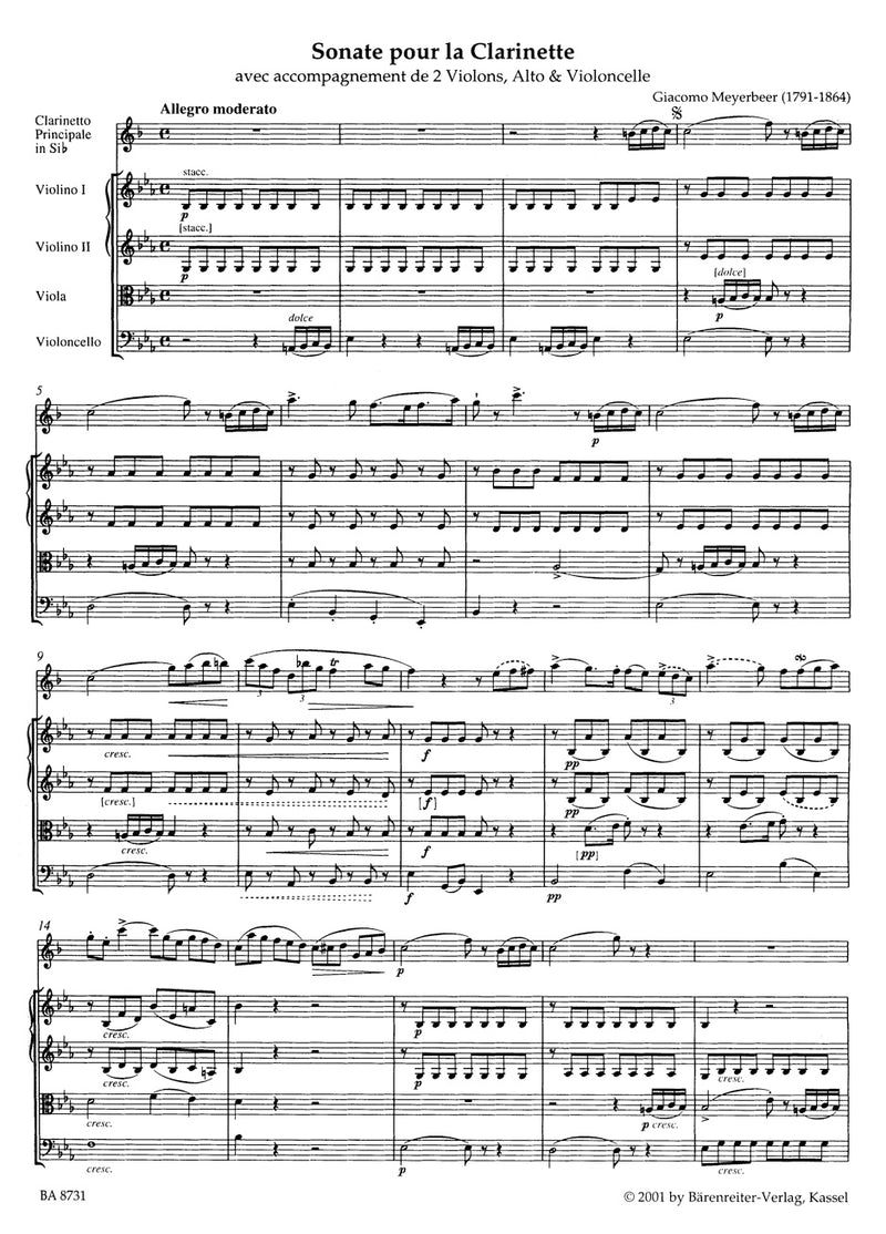 Quintett Es-Dur -Sonate pour la Clarinette avec accompagnement de 2 Violons, Contralto & Violoncelle. Erstausgabe-