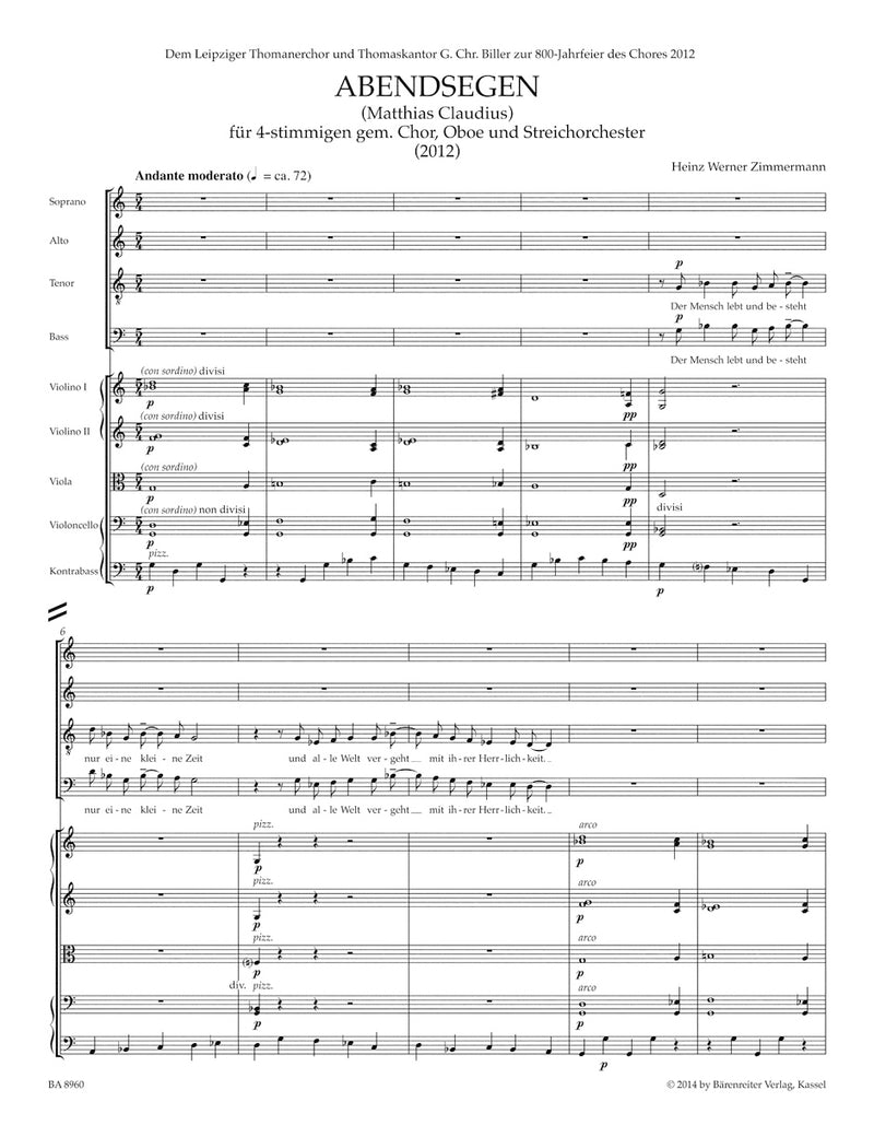 Abendsegen for four-Part Mixed Choir, Oboe and String Orchestra [score]