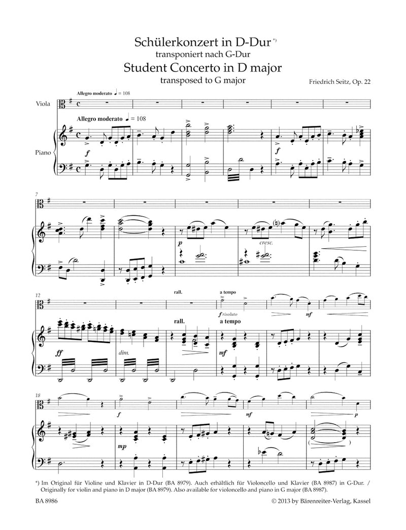 Concerto D major op. 22 (Arranged for viola, transposed to G major)（ピアノ・リダクション）