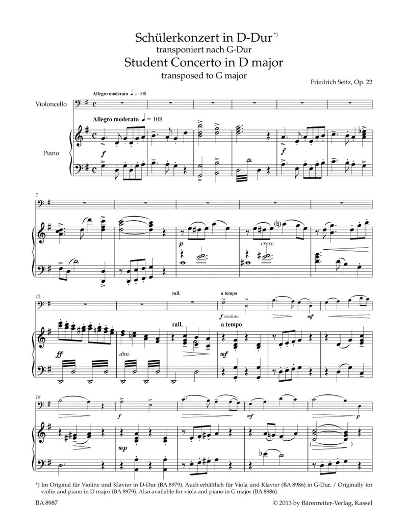 Concerto D major op. 22 (Arranged for cello, transposed to G major)