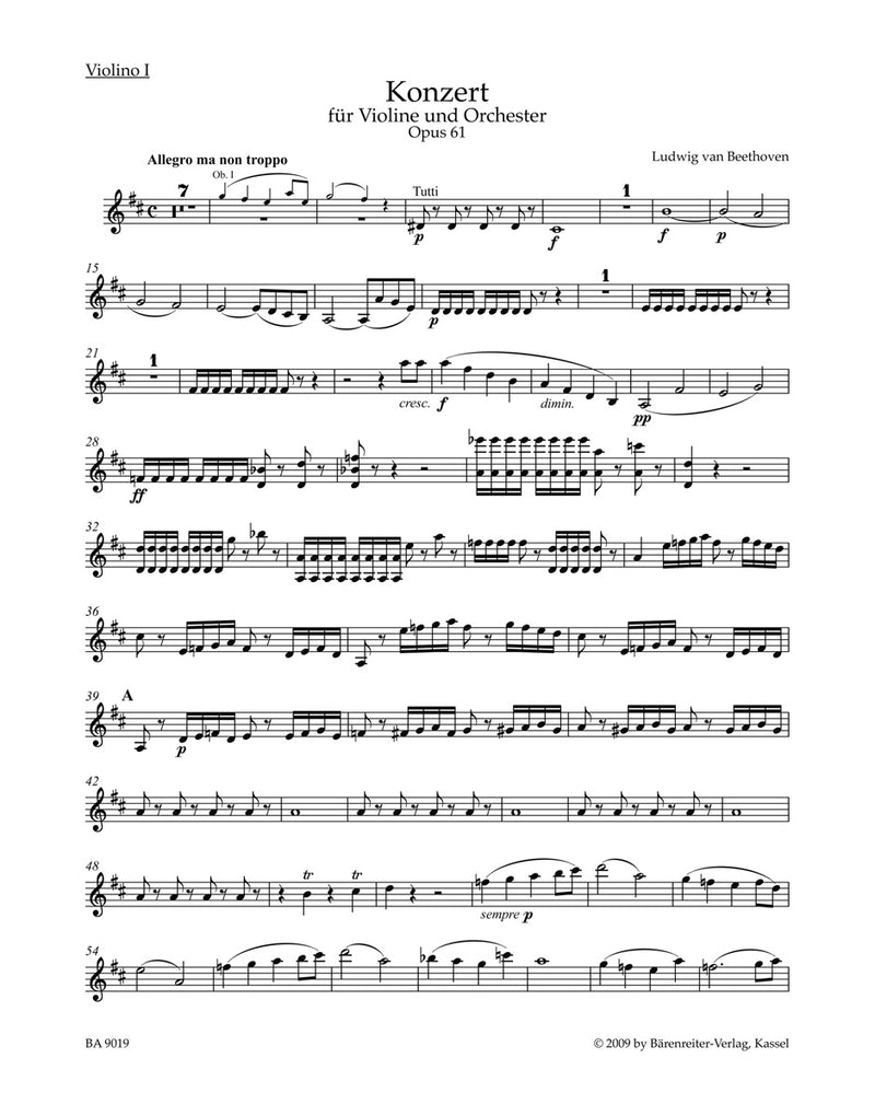 Concerto for Violin and Orchestra D major op. 61 [violin 1 part]