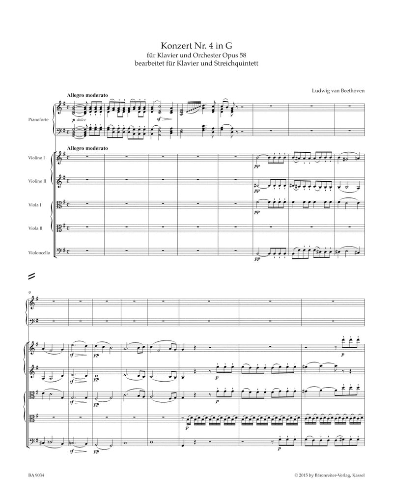 Concerto for Pianoforte and Orchestra Nr. 4 G major op. 58 (arranged for Piano Quintet) [score & parts]