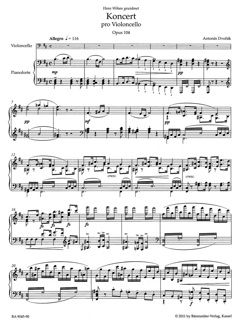 Concerto for Violoncello and Orchestra B minor op. 104 (Arrangement for Violoncello and Piano by the Composer)