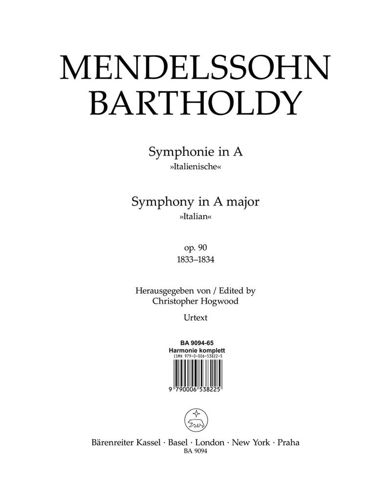 Symphony A major op. 90 "Italian" (1833-1834) [set of wind parts]