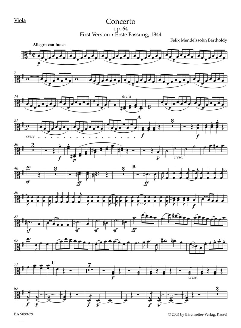Concerto for Violin and Orchestra in E minor op. 64 [viola part]