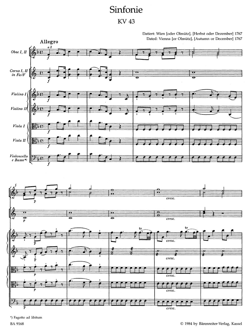 Symphony Nr. 6 F major K. 43 [score]