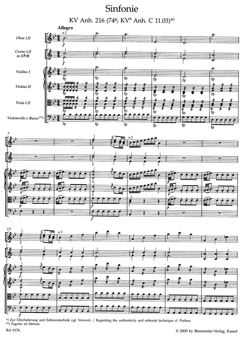 Symphony B-flat major K. Anh. 216 (74g) [score]