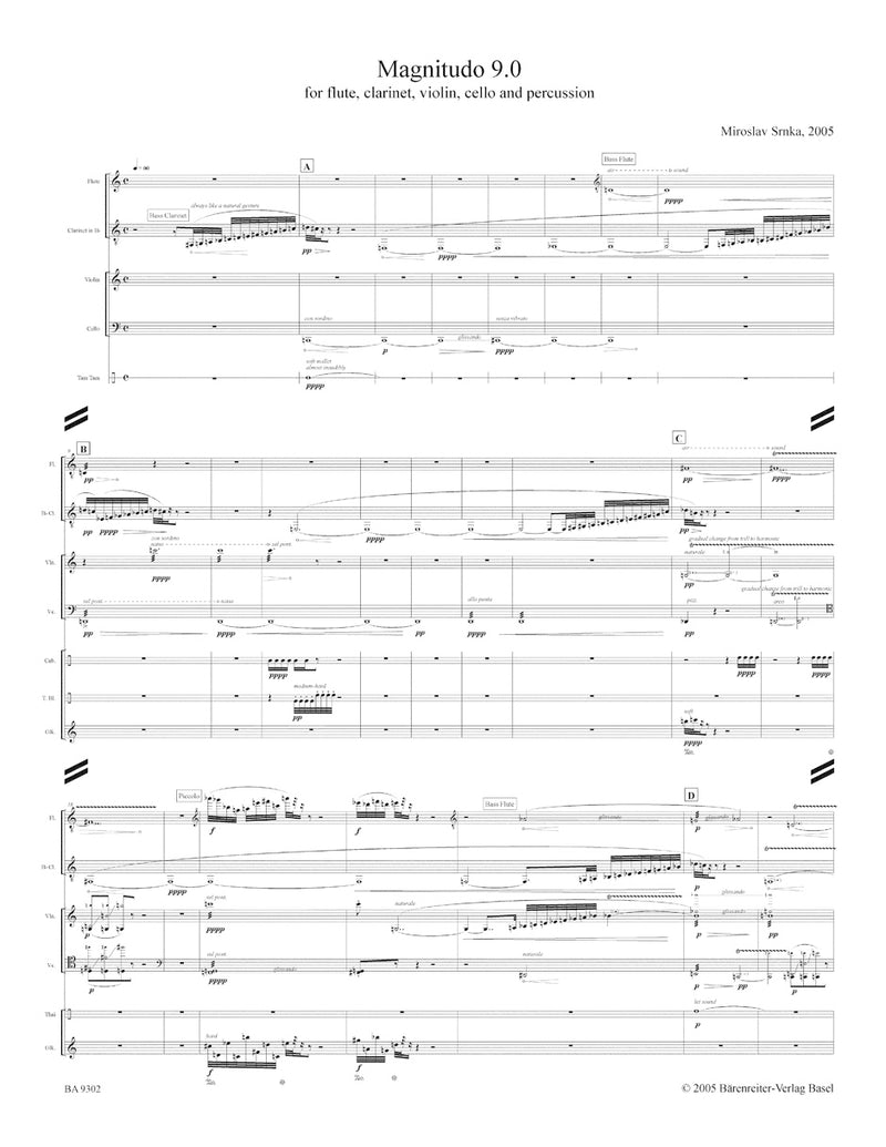 Magnitudo 9, 0 for flute, clarinet, violin, cello and percussion (2005) [score]