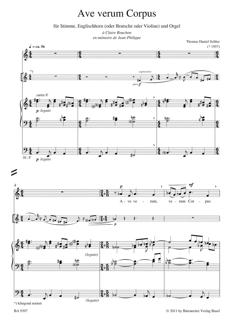 Ave verum Corpus für Stimme, Englischhorn (oder Bratsche oder Violine) und Orgel (2010)