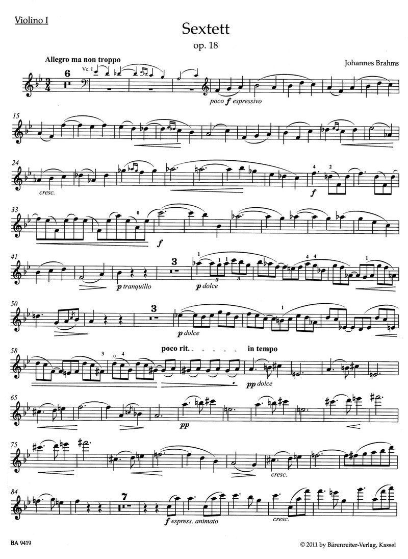 Sextet for 2 Violins, 2 Violas and 2 Violoncellos B-flat major op. 18 [set of parts]