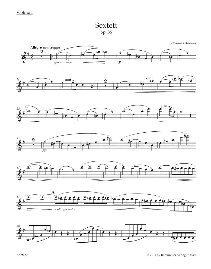 Sextet for 2 Violins, 2 Violas and 2 Violoncellos G major op. 36 [set of parts]