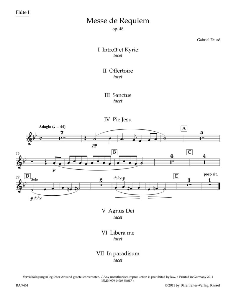 Messe de Requiem op. 48 (Version of 1900) [set of wind parts]