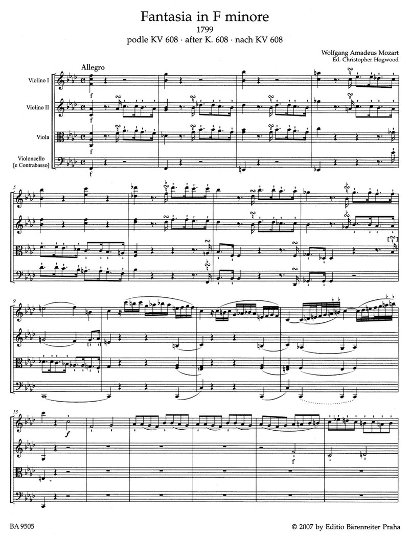 Fantasie für Streicher f-Moll (1799) (nach "Ein Orgelstück für eine Uhr K. 608") [score]