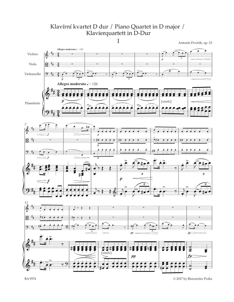 Piano Quartet D major op. 23 [Performance score, set of parts]