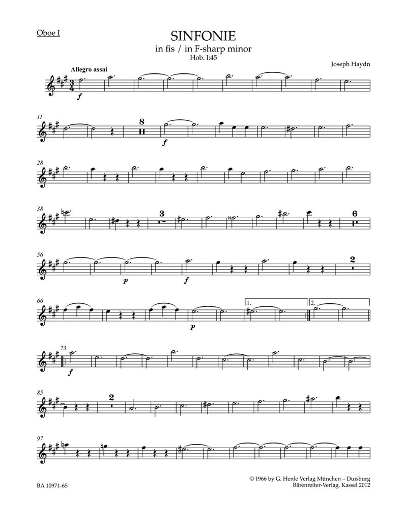 Symphony F-sharp minor Hob. I:45 "Farewell Symphony" [set of wind parts]
