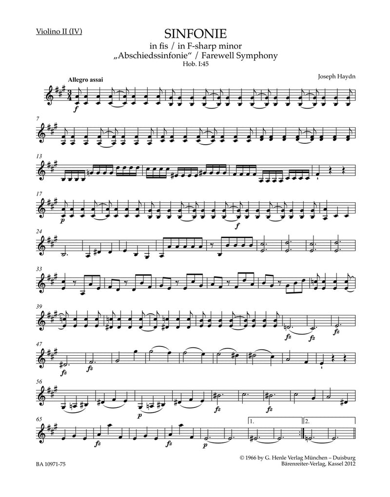 Symphony F-sharp minor Hob. I:45 "Farewell Symphony" [violin 2(V4) part]