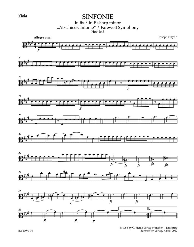 Symphony F-sharp minor Hob. I:45 "Farewell Symphony" [viola part]