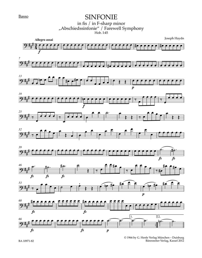 Symphony F-sharp minor Hob. I:45 "Farewell Symphony" [Basso part]