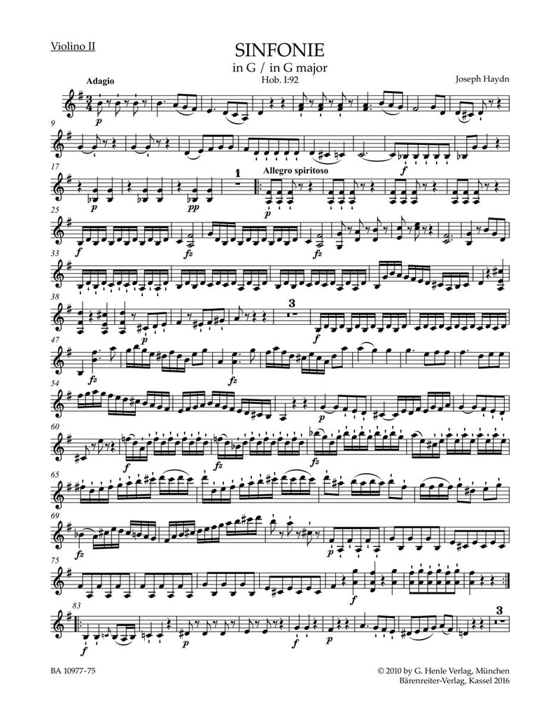 Symphony G major Hob. I:92 "Oxford" [violin 2 part]