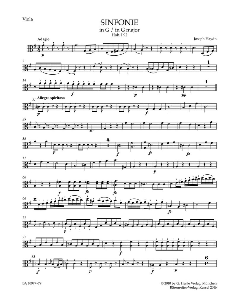 Symphony G major Hob. I:92 "Oxford" [viola part]
