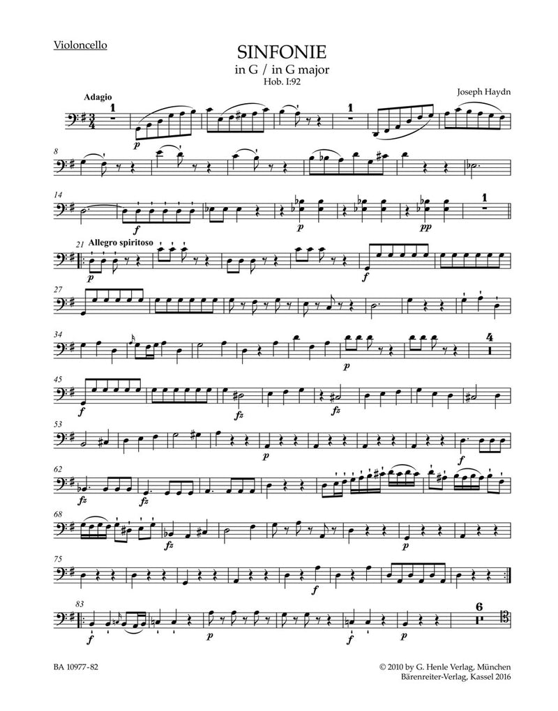 Symphony G major Hob. I:92 "Oxford" [Basso(cello/Vo/bassoon) part]