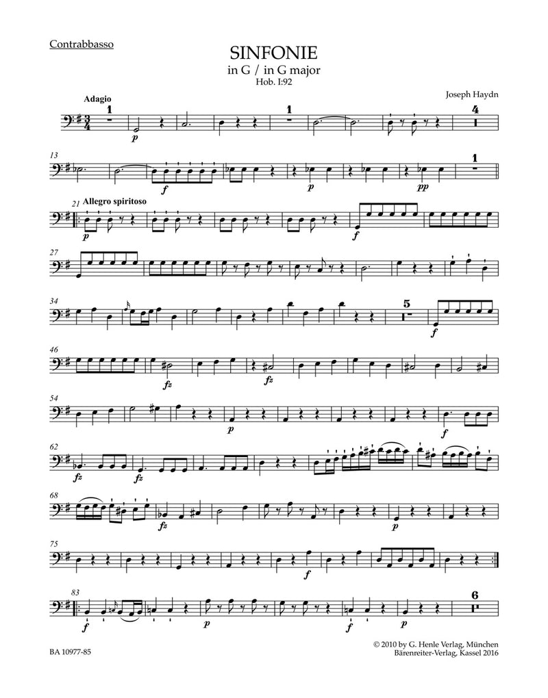 Symphony G major Hob. I:92 "Oxford" [double bass part]